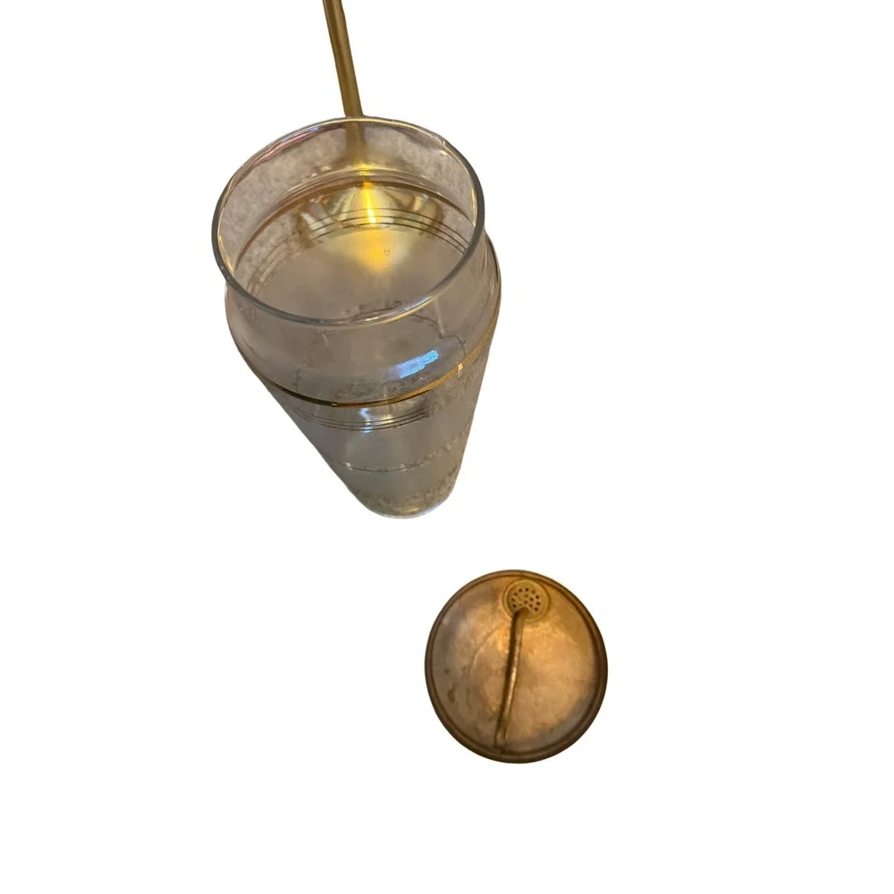 Vintage Frosted Glass Cocktail Shaker Gold Banded MCM Barware with Metal Lid